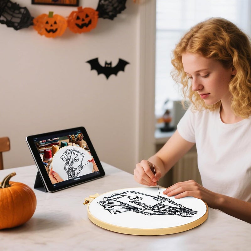Crafmanoe Gothic Tarot Embroidery Kits for Beginners Adults, Halloween Hand Bone Embroidery Starter Kits, Skull Cross Stitch Kits for Beginner Adults Hobbies for Women, Embroidery Fabric, Hoops & Video Tutorial - Image 2